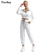 Costum sport de culoare pură pentru femei, 2 buc, guler cu mâneci lungi, închidere cu fermoar frontal, decupat, buzunare laterale, seturi de pantaloni pentru fitness