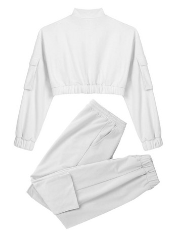 2 τμχ Γυναικεία αθλητική φόρμα καθαρού χρώματος σταντ γιακάς μακριά μανίκια με φερμουάρ μπροστά Κλείσιμο με κομμένες επάνω τσέπες στο πλάι Σετ παντελονιών για γυμναστική