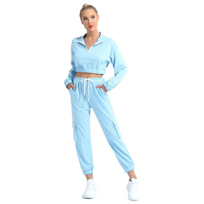 Costum sport de culoare pură pentru femei, 2 buc, guler cu mâneci lungi, închidere cu fermoar frontal, decupat, buzunare laterale, seturi de pantaloni pentru fitness
