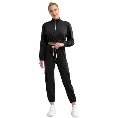 Costum sport de culoare pură pentru femei, 2 buc, guler cu mâneci lungi, închidere cu fermoar frontal, decupat, buzunare laterale, seturi de pantaloni pentru fitness