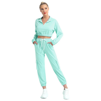 Costum sport de culoare pură pentru femei, 2 buc, guler cu mâneci lungi, închidere cu fermoar frontal, decupat, buzunare laterale, seturi de pantaloni pentru fitness