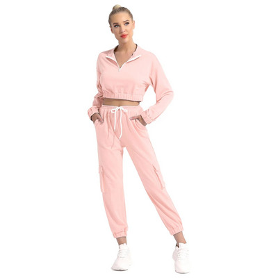 Costum sport de culoare pură pentru femei, 2 buc, guler cu mâneci lungi, închidere cu fermoar frontal, decupat, buzunare laterale, seturi de pantaloni pentru fitness
