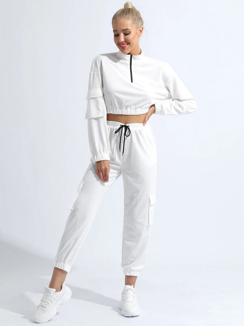 2 vnt. Moteriškos grynos spalvos sportinio kostiumo stovas apykakle ilgomis rankovėmis priekyje užtrauktuku Užsegamas apkarpytas viršutines šonines kišenes kelnių rinkiniai, skirti fitnesui