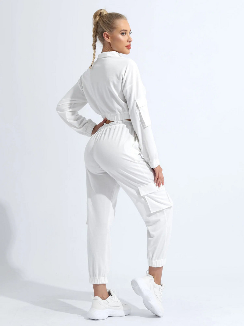 2 vnt. Moteriškos grynos spalvos sportinio kostiumo stovas apykakle ilgomis rankovėmis priekyje užtrauktuku Užsegamas apkarpytas viršutines šonines kišenes kelnių rinkiniai, skirti fitnesui