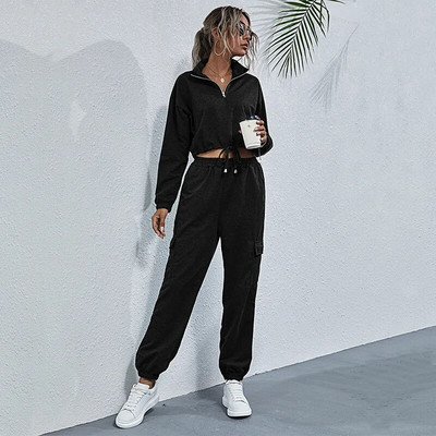 Trening 2 piese ținute primăvară femei costum sport mânecă lungă crop top hanorac+pantalon alergare jogger fitness antrenament casual set