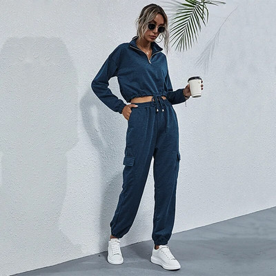 Trening 2 piese ținute primăvară femei costum sport mânecă lungă crop top hanorac+pantalon alergare jogger fitness antrenament casual set