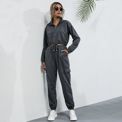 Trening 2 piese ținute primăvară femei costum sport mânecă lungă crop top hanorac+pantalon alergare jogger fitness antrenament casual set