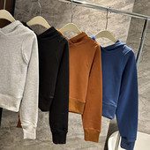 Ar logotipu Sieviešu brīvais džemperis ar garām piedurknēm īss kapucis Sieviešu fitnesa jogas tīras vates gredzens brīvs ikdienas džemperis