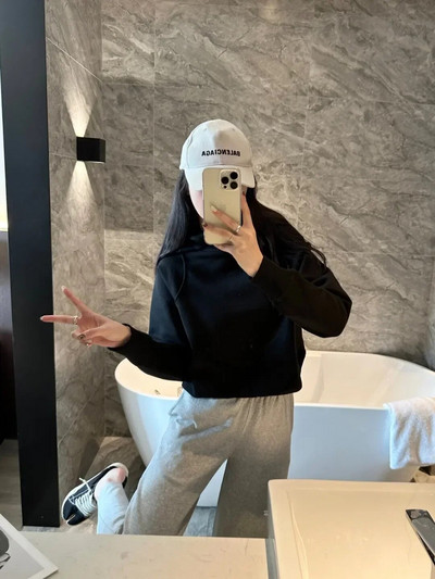 Ar logotipu Sieviešu brīvais džemperis ar garām piedurknēm īss kapucis Sieviešu fitnesa jogas tīras vates gredzens brīvs ikdienas džemperis