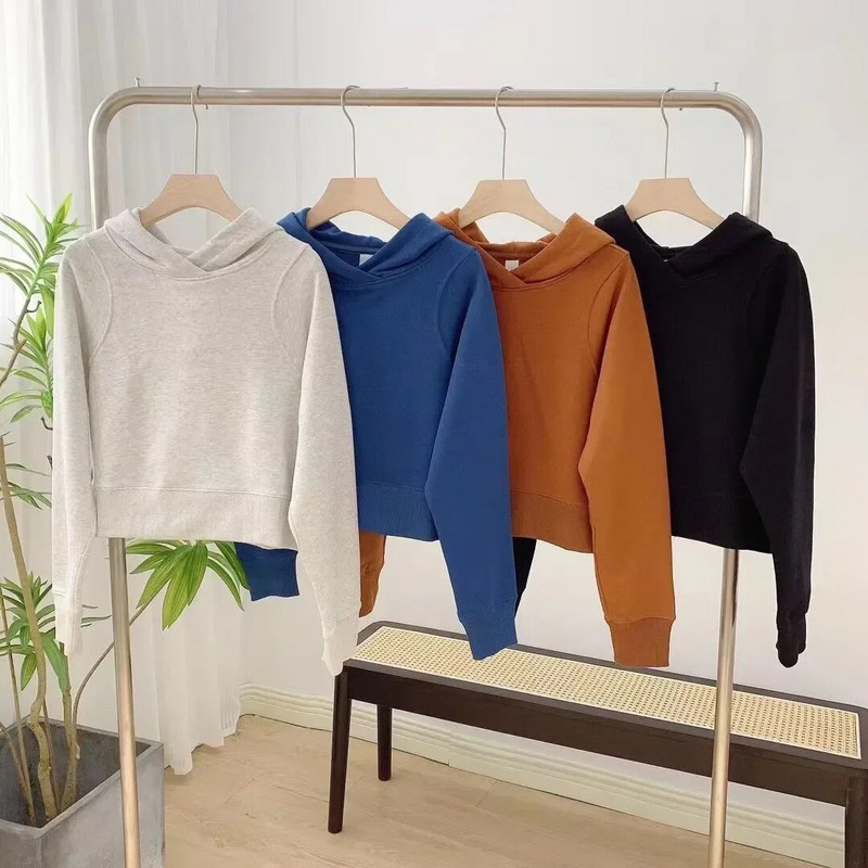 Ar logotipu Sieviešu brīvais džemperis ar garām piedurknēm īss kapucis Sieviešu fitnesa jogas tīras vates gredzens brīvs ikdienas džemperis