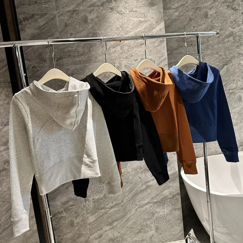 Ar logotipu Sieviešu brīvais džemperis ar garām piedurknēm īss kapucis Sieviešu fitnesa jogas tīras vates gredzens brīvs ikdienas džemperis