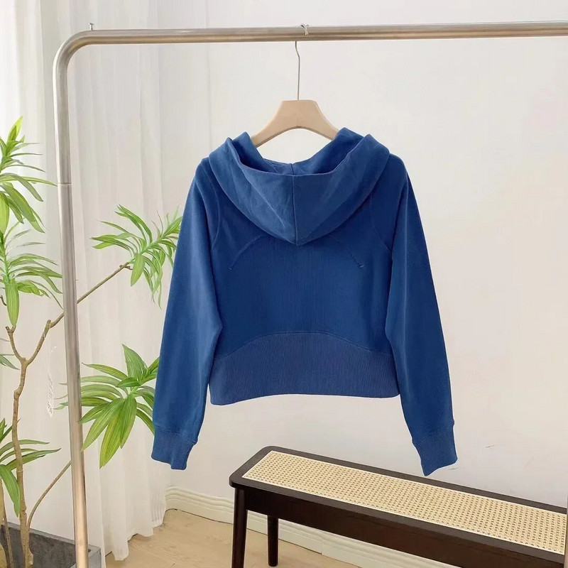 Ar logotipu Sieviešu brīvais džemperis ar garām piedurknēm īss kapucis Sieviešu fitnesa jogas tīras vates gredzens brīvs ikdienas džemperis