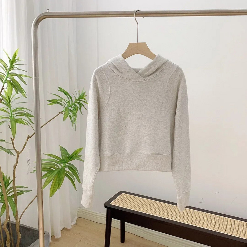 Ar logotipu Sieviešu brīvais džemperis ar garām piedurknēm īss kapucis Sieviešu fitnesa jogas tīras vates gredzens brīvs ikdienas džemperis