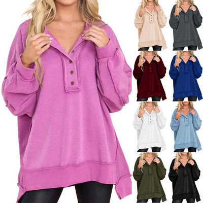 Дамски дамски суитшърт с големи размери Ежедневен пуловер с копчета с дълъг ръкав и деколте, туника, топове, пуловер