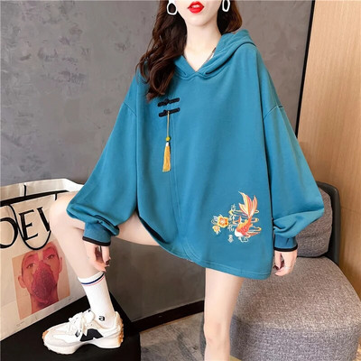 China-Chic Vintage Embroidery Hoodies Chinese Style Lucky Carp Pullover Casual Women Drop Shoulder Panbuckle Tassel Sweatshirt