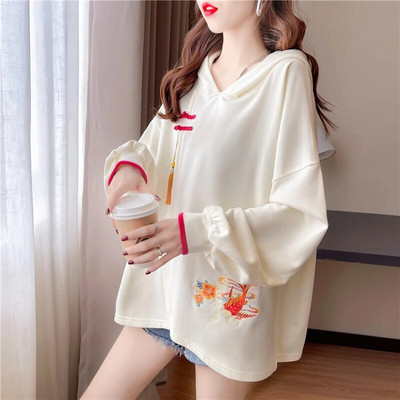 Prašmatnūs kiniški vintažiniai siuvinėti gobtuvai Kinų stiliaus Lucky Carp megztinis, laisvalaikio moteriškas megztinis su kutu, nuleidžiamas ant peties