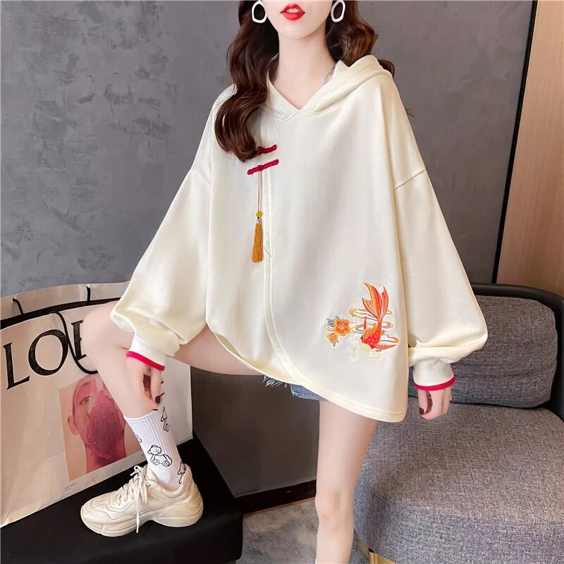 Prašmatnūs kiniški vintažiniai siuvinėti gobtuvai Kinų stiliaus Lucky Carp megztinis, laisvalaikio moteriškas megztinis su kutu, nuleidžiamas ant peties