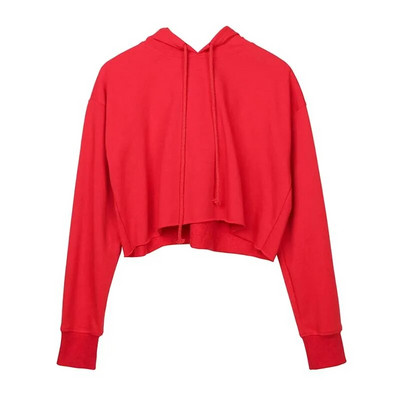 Sieviešu sporta krekls ar kapuci ar garām piedurknēm Loose Crop Top Gym Running Sports Short Hoodies Fitness Solid Cotton P301