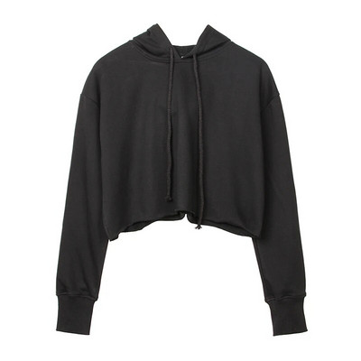 Sieviešu sporta krekls ar kapuci ar garām piedurknēm Loose Crop Top Gym Running Sports Short Hoodies Fitness Solid Cotton P301