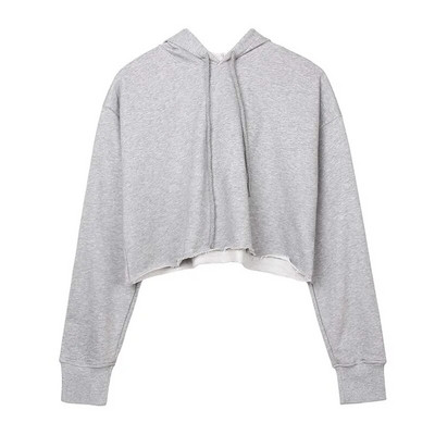 Sieviešu sporta krekls ar kapuci ar garām piedurknēm Loose Crop Top Gym Running Sports Short Hoodies Fitness Solid Cotton P301