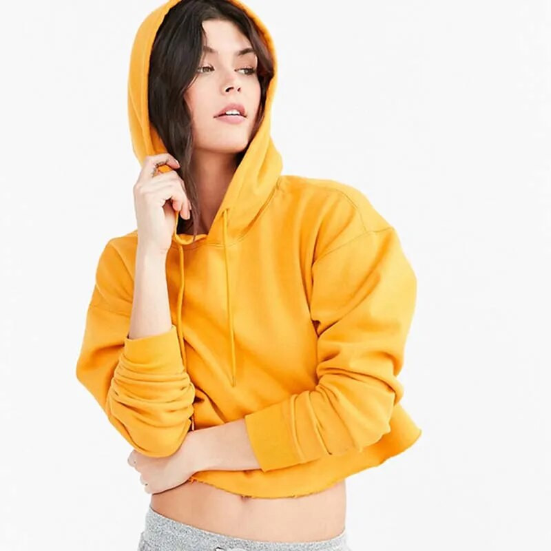 Sieviešu sporta krekls ar kapuci ar garām piedurknēm Loose Crop Top Gym Running Sports Short Hoodies Fitness Solid Cotton P301