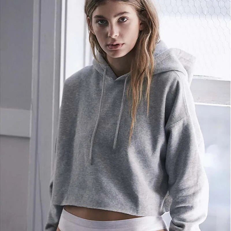 Sieviešu sporta krekls ar kapuci ar garām piedurknēm Loose Crop Top Gym Running Sports Short Hoodies Fitness Solid Cotton P301