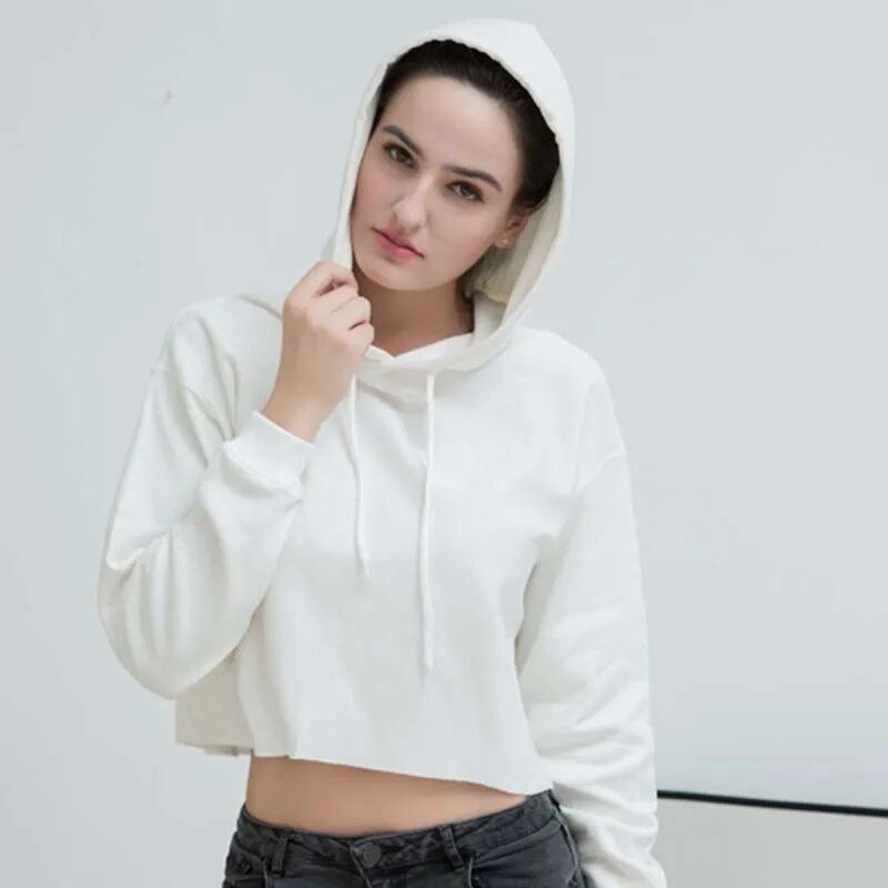 Sieviešu sporta krekls ar kapuci ar garām piedurknēm Loose Crop Top Gym Running Sports Short Hoodies Fitness Solid Cotton P301