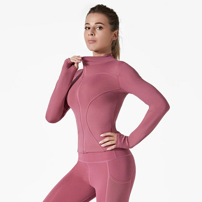 Moteriška, plona, lengva atletiška, elastinga striukė su pilnu užtrauktuku, treniruočių bėgimo striukė su nykščio skylutėmis jogos viršūnės