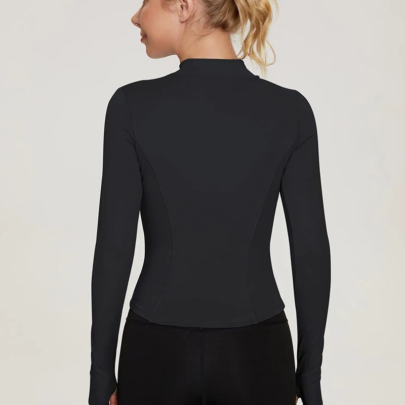 Moteriška, plona, lengva atletiška, elastinga striukė su pilnu užtrauktuku, treniruočių bėgimo striukė su nykščio skylutėmis jogos viršūnės