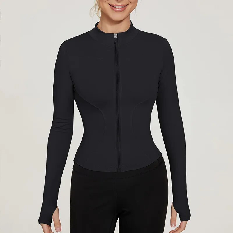 Moteriška, plona, lengva atletiška, elastinga striukė su pilnu užtrauktuku, treniruočių bėgimo striukė su nykščio skylutėmis jogos viršūnės