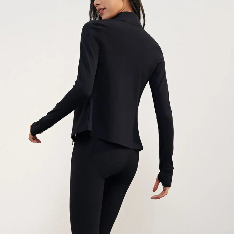 Едноцветно дамско спортно яке Риза с дълъг ръкав Фитнес Йога Палто Фитнес Цялостно обучение Джог Дебела тънка поларена яка