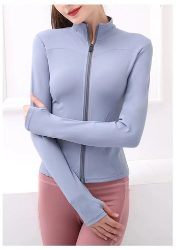 Αθλητικό μπουφάν Γυναικείο μακρυμάνικο με τρύπα αντίχειρα ελαστικό πουκάμισο γιόγκα Σχέδιο φερμουάρ Γυμναστήριο Αθλητικό παλτό Προπόνηση για τρέξιμο Γυμναστήριο