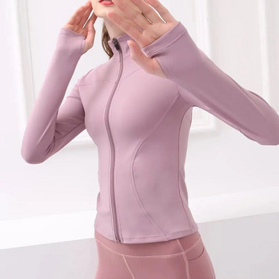 Αθλητικό μπουφάν Γυναικείο μακρυμάνικο με τρύπα αντίχειρα ελαστικό πουκάμισο γιόγκα Σχέδιο φερμουάρ Γυμναστήριο Αθλητικό παλτό Προπόνηση για τρέξιμο Γυμναστήριο