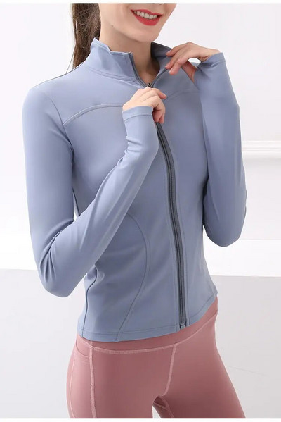 Moteriška sportinė striukė ilgomis rankovėmis su nykščio skylute elastinga jogos marškinėlių užtrauktuku Dizainas Fitness Sportinis viršutinis apsiaustas treniruotėms Bėgimo sporto salės drabužiai