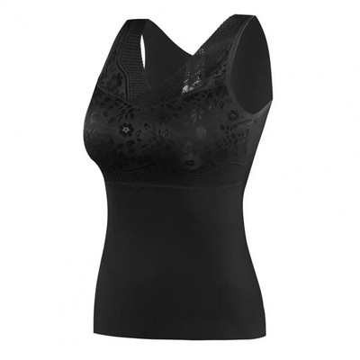 Vestă pentru femei cu tampoane pentru piept Vestă termică cu broderie florală Pulover de pluș Slim Fit Dantela Patchwork Lenjerie de corp Top pentru femei de toamnă