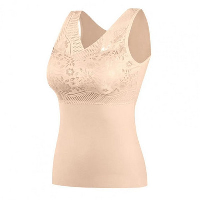 Vestă pentru femei cu tampoane pentru piept Vestă termică cu broderie florală Pulover de pluș Slim Fit Dantela Patchwork Lenjerie de corp Top pentru femei de toamnă