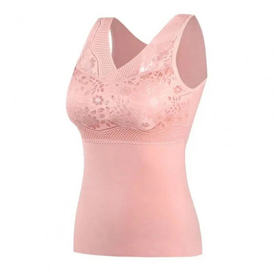 Vestă pentru femei cu tampoane pentru piept Vestă termică cu broderie florală Pulover de pluș Slim Fit Dantela Patchwork Lenjerie de corp Top pentru femei de toamnă