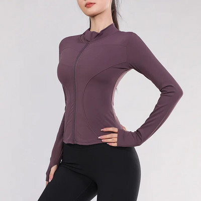 Moteriškos sportinės striukės užtrauktuku Ploni jogos paltai Greitai džiūstantys bėgimo megztiniai Elastingi ilgomis rankovėmis nykščio skylutes gimnastikos treniruokliai, moteriški