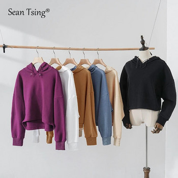 Sean Tsing® Спорт 100% памук Суичъри Суичъри Дамски едноцветни пуловери с дълъг ръкав Ежедневни йога тренировки Фитнес кратки топове