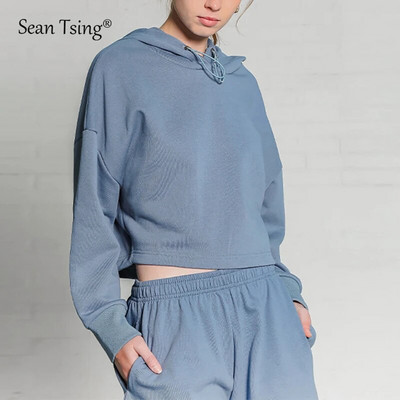 Sean Tsing® Sport 100% pamut kapucnis pulóverek Női hosszú ujjú egyszínű pulóverek Alkalmi jógaedzés Fitness Crop felsők