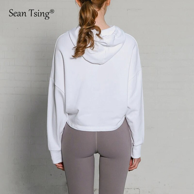 Sean Tsing® Sports, 100% kokvilnas kapuces, sporta krekli Sieviešu vienkrāsaini džemperi ar garām piedurknēm, ikdienas jogas treniņiem piemēroti fitnesa apgriezti topi