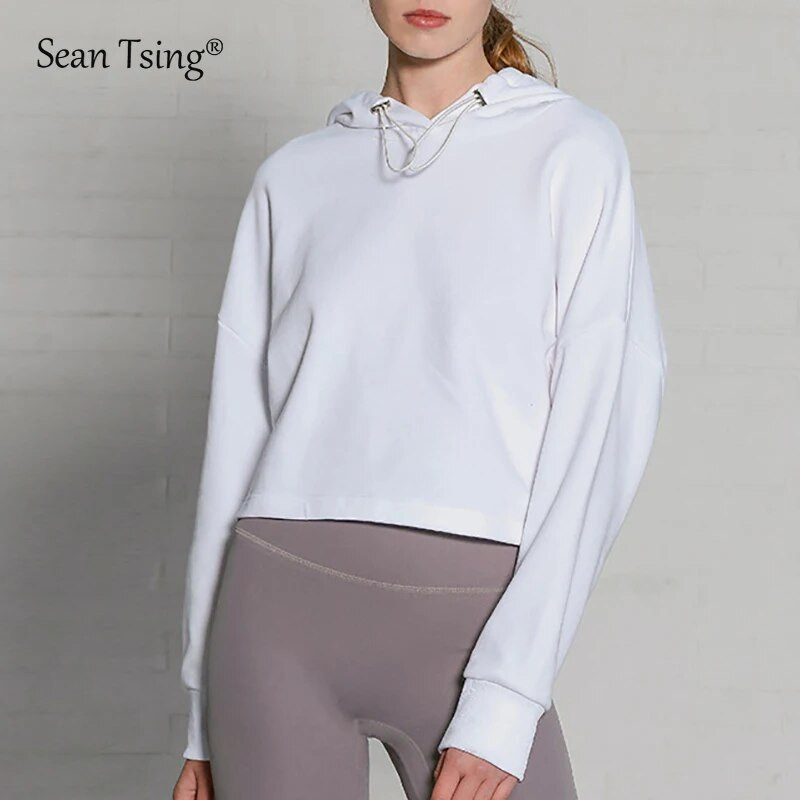 Sean Tsing® Sports, 100% kokvilnas kapuces, sporta krekli Sieviešu vienkrāsaini džemperi ar garām piedurknēm, ikdienas jogas treniņiem piemēroti fitnesa apgriezti topi