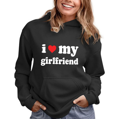 Es mīlu savu draudzeni ar vēstuļu apdruku ar garām piedurknēm kokvilnas sporta kreklu kleitu sieviešu sporta krekli Sieviešu kapuci ar rāvējslēdzēju sieviešu džemperi