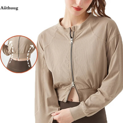Aiithuug Tennis Top Double Zipper Closure Quick Dry Sports Jackets Workout Outside Crop Shirt Waist Slimming Yoga Tops Fitness