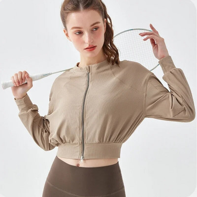 „Aiithuug“ teniso viršus, užsegamas dvigubu užtrauktuku Greitai džiūstančios sportinės striukės Treniruotės lauke „Crop“ marškinėliai, juosmens liekninantys jogos viršūnės, fitnesas