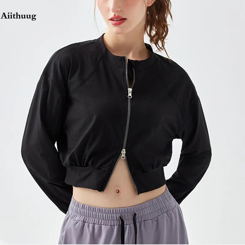 „Aiithuug“ teniso viršus, užsegamas dvigubu užtrauktuku Greitai džiūstančios sportinės striukės Treniruotės lauke „Crop“ marškinėliai, juosmens liekninantys jogos viršūnės, fitnesas