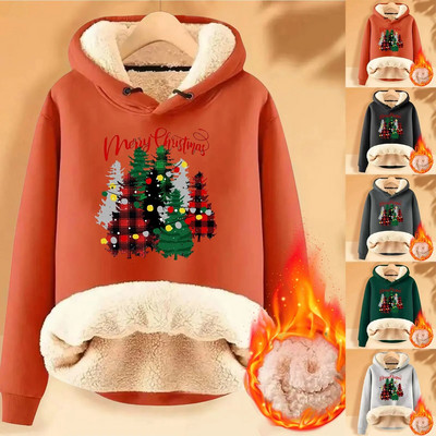 Karácsonyi nyomtatott kapucnis pulóver és bársony vastagított meleg, laza női őszi felsők Női pulóver felett pulóver Pulóver Női pulóver