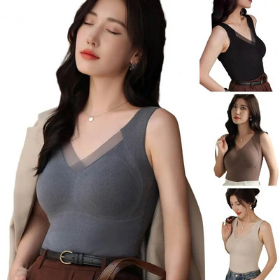 Fleece Lined Vest Women`s Fall Winter Thermal Vest Plush Heating V Neck Tank Top with Slim Fit Padded Pullover for Soft No Wire