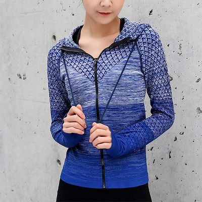 Sportiniai drabužiai su užtrauktuku su skrybėle Jogos marškinėliai Ilgi Besiūliai Viršutiniai drabužiai Mergaičių sportiniai megztiniai Moteriški paltai Bėgiojanti Sportinė striukė