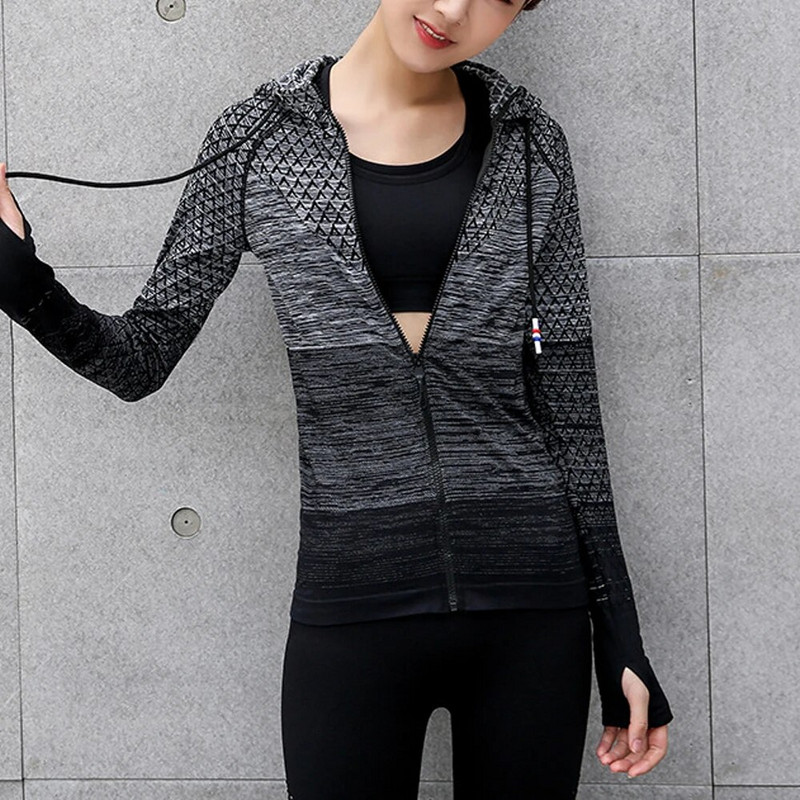 Sportiniai drabužiai su užtrauktuku su skrybėle Jogos marškinėliai Ilgi Besiūliai Viršutiniai drabužiai Mergaičių sportiniai megztiniai Moteriški paltai Bėgiojanti Sportinė striukė